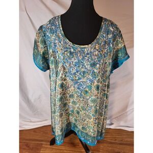 Dolma Silk Blend Blue Green Floral Hand Embroidered Tunic Top L/XL Boho India